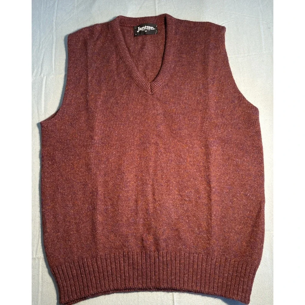 Vintage Jantzen Mens Burgundy Marl Wool Blend V-Neck Sweater Vest Made in USA M